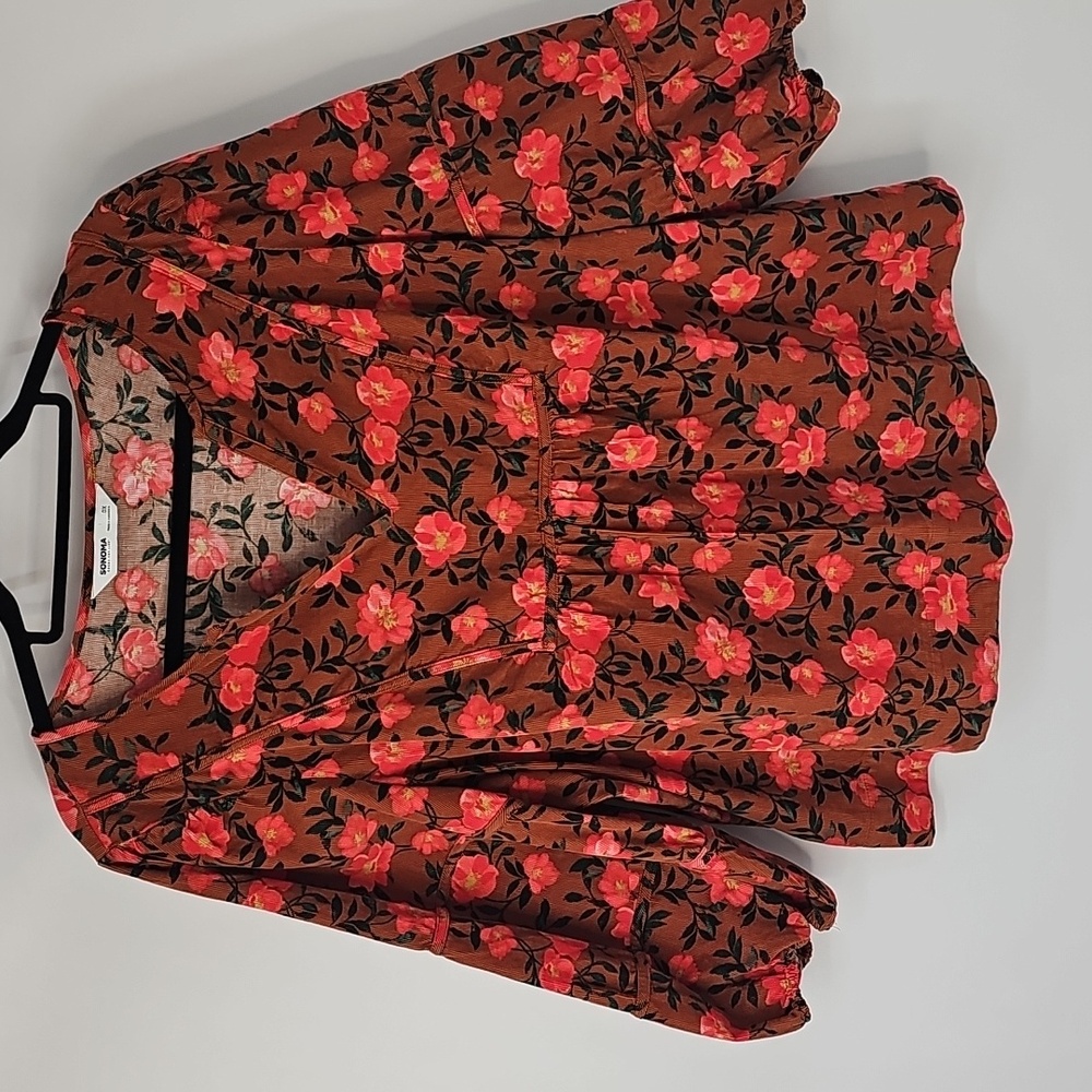 Universal Thread Corduroy Top Brown wRed Orange Florals Empire Waist Wide Sleeve